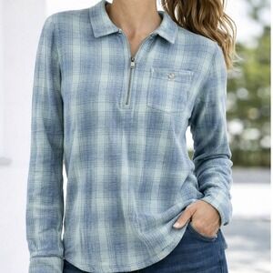 Toad&Co Quarter Zip Pullover Womens Size M Blue Plaid Flannel Shirt
